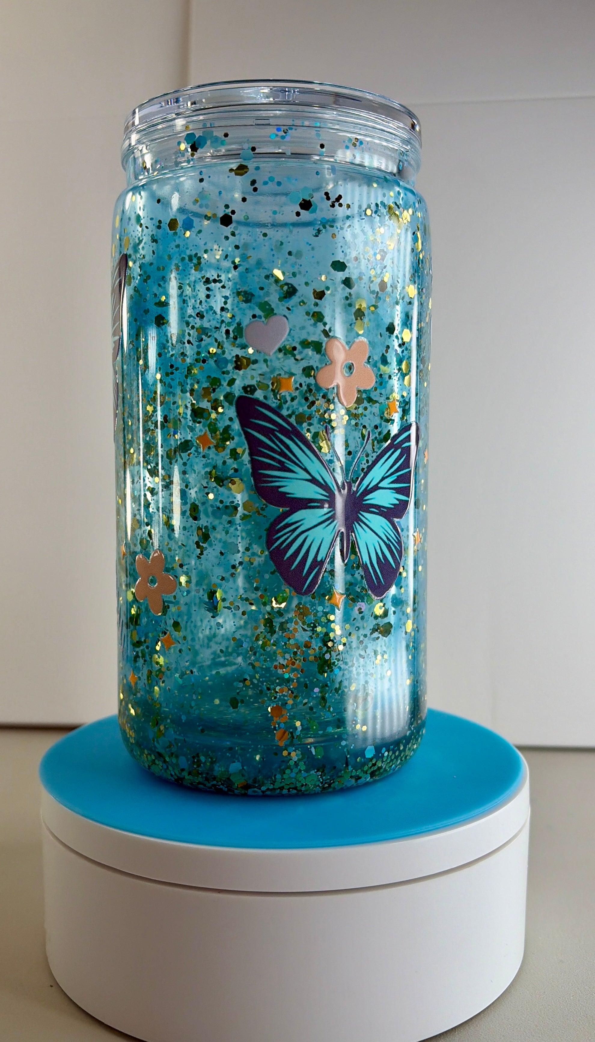 Butterfly Blue Waterfall Snowglobe Tumbler Cup 16oz