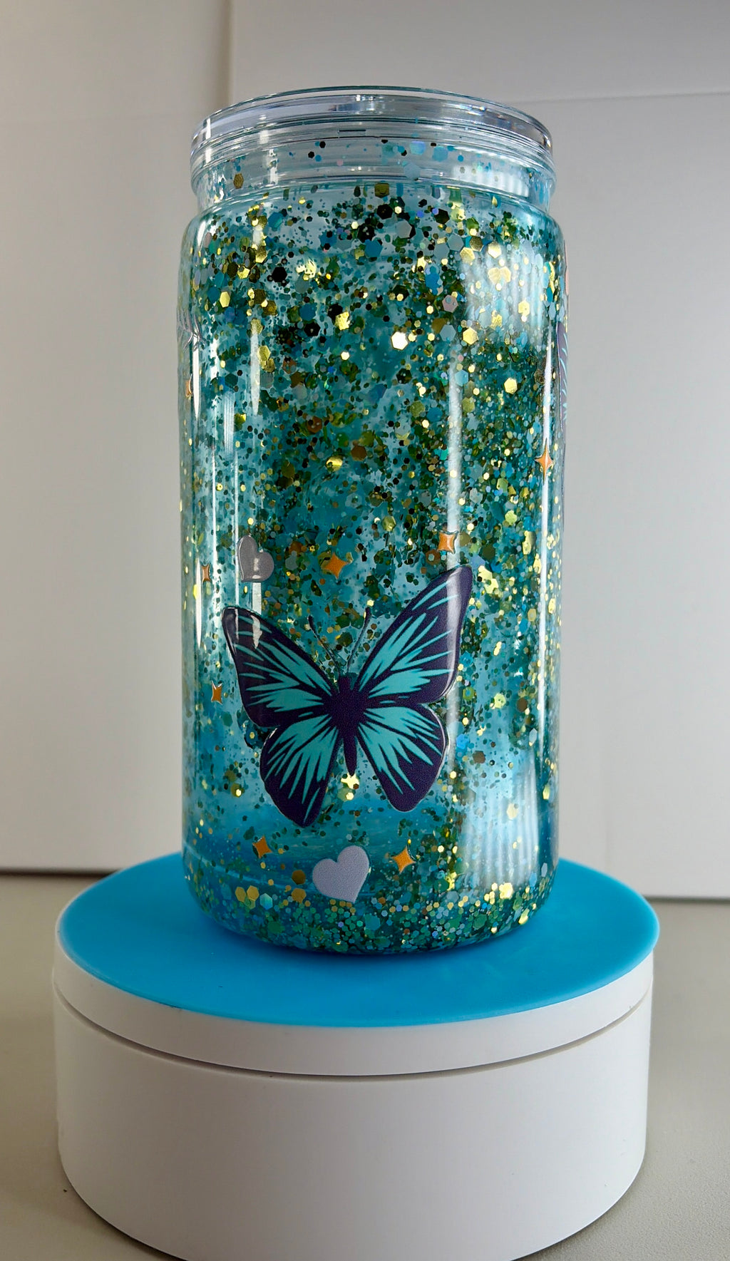 Butterfly Blue Waterfall Snowglobe Tumbler Cup 16oz
