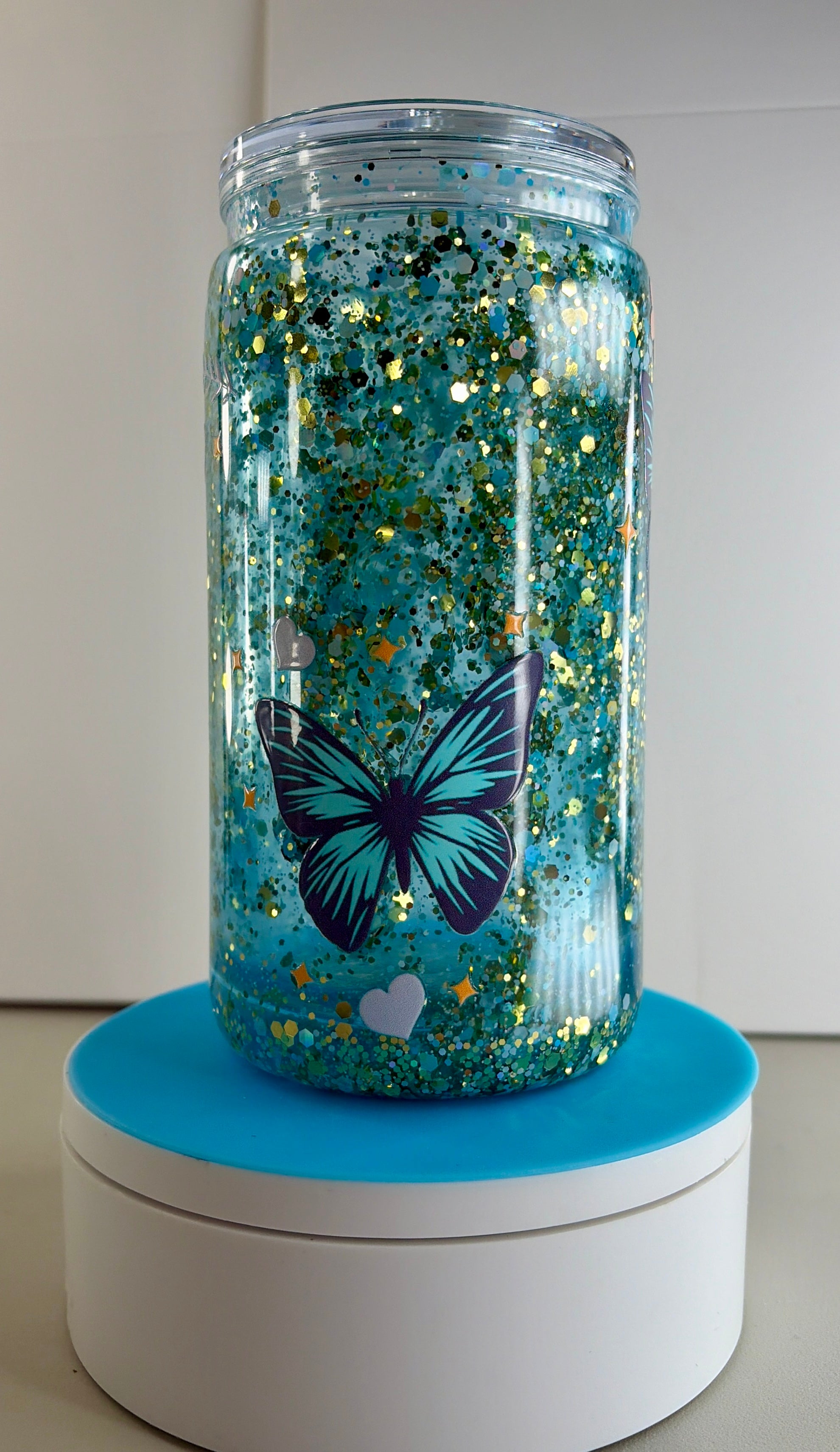 Butterfly Blue Waterfall Snowglobe Tumbler Cup 16oz