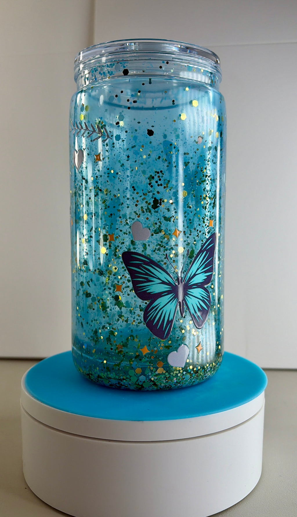 Butterfly Blue Waterfall Snowglobe Tumbler Cup 16oz