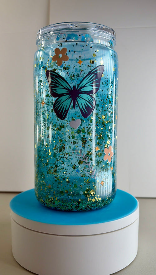 Butterfly Blue Waterfall Snowglobe Tumbler Cup 16oz