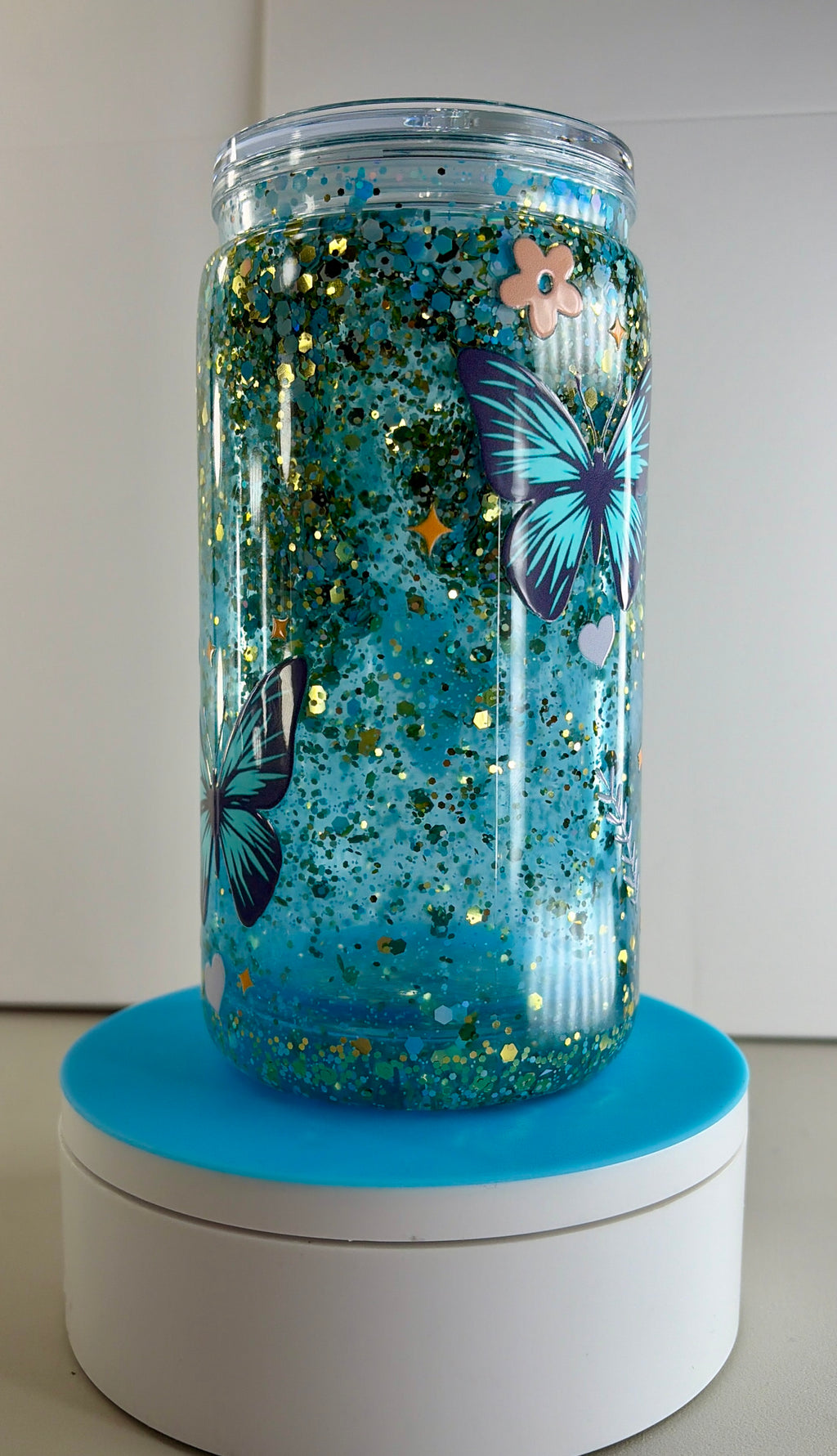 Butterfly Blue Waterfall Snowglobe Tumbler Cup 16oz