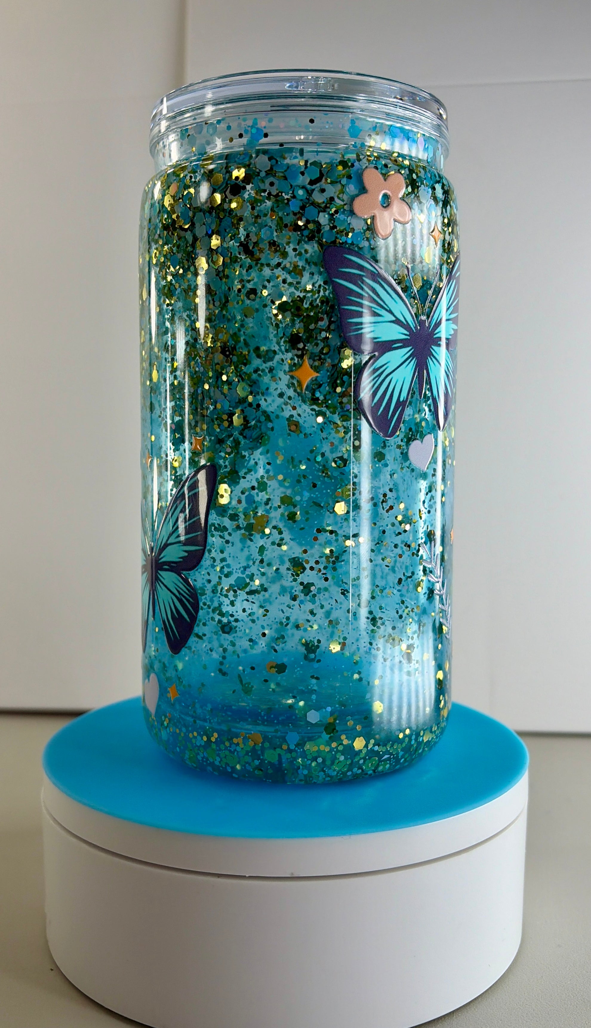 Butterfly Blue Waterfall Snowglobe Tumbler Cup 16oz