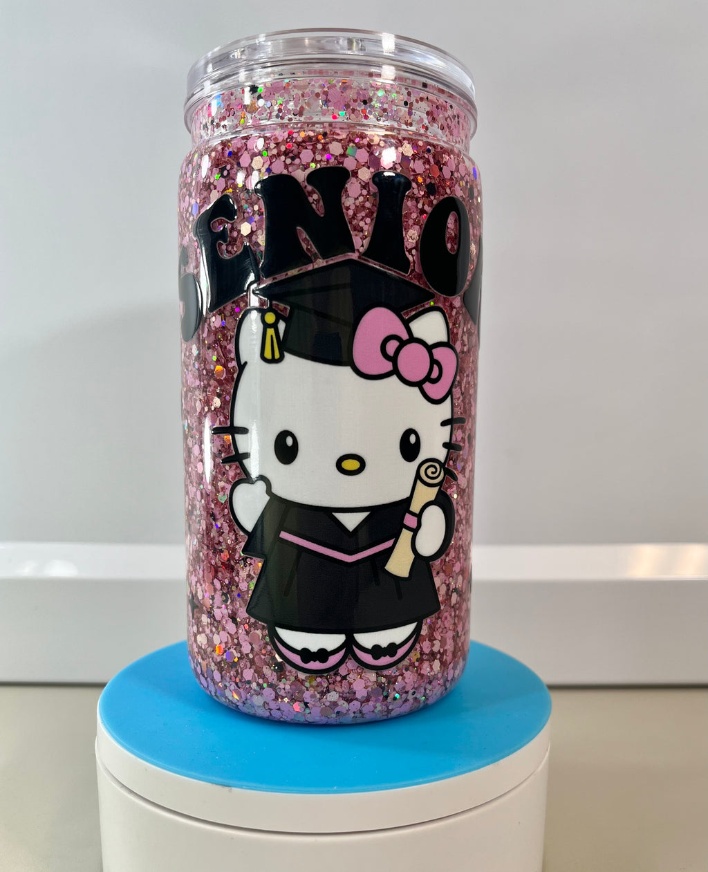 Hello Kitty Senior Graduate Glitter Snowglobe Tumbler Cup (16oz)