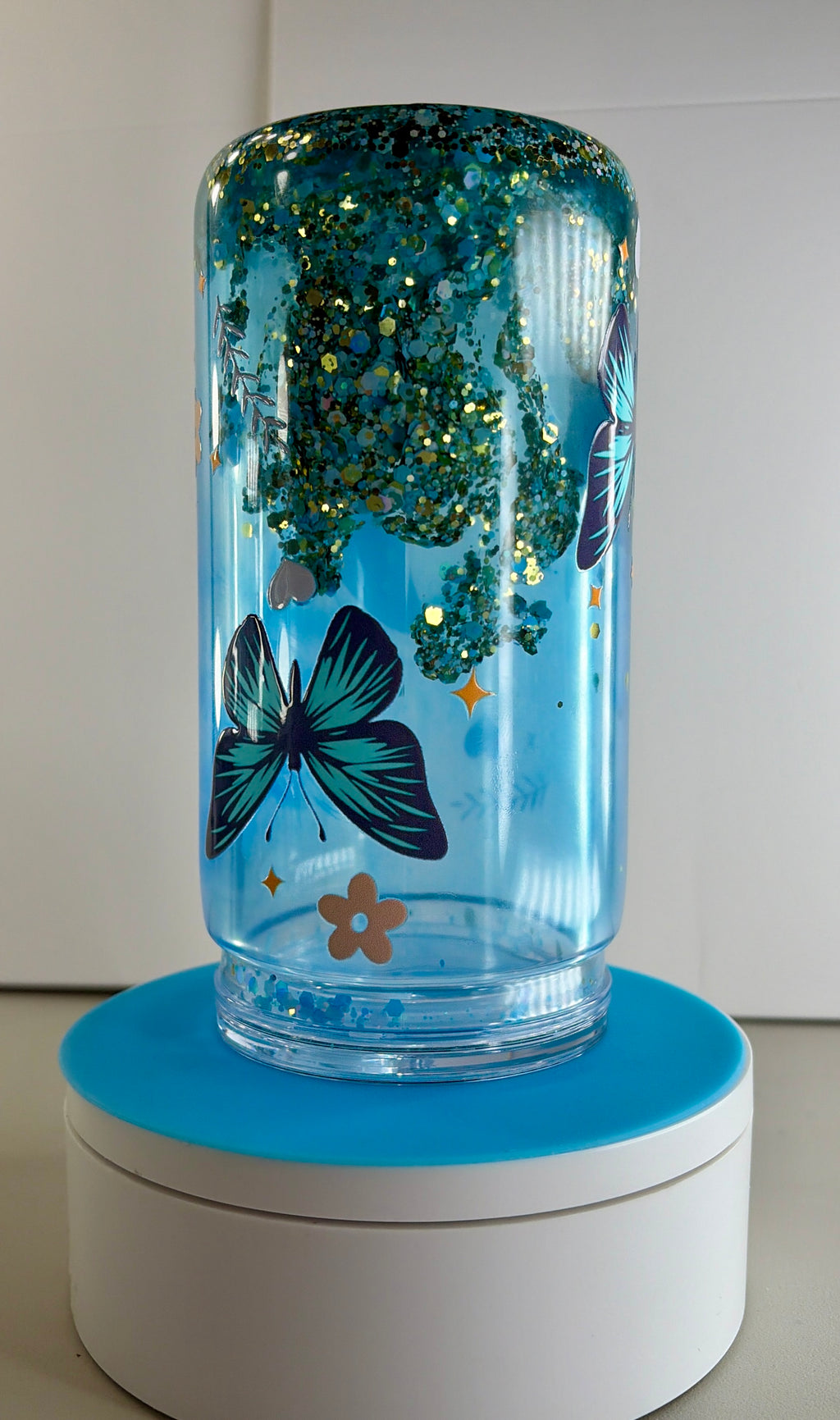 Butterfly Blue Waterfall Snowglobe Tumbler Cup 16oz