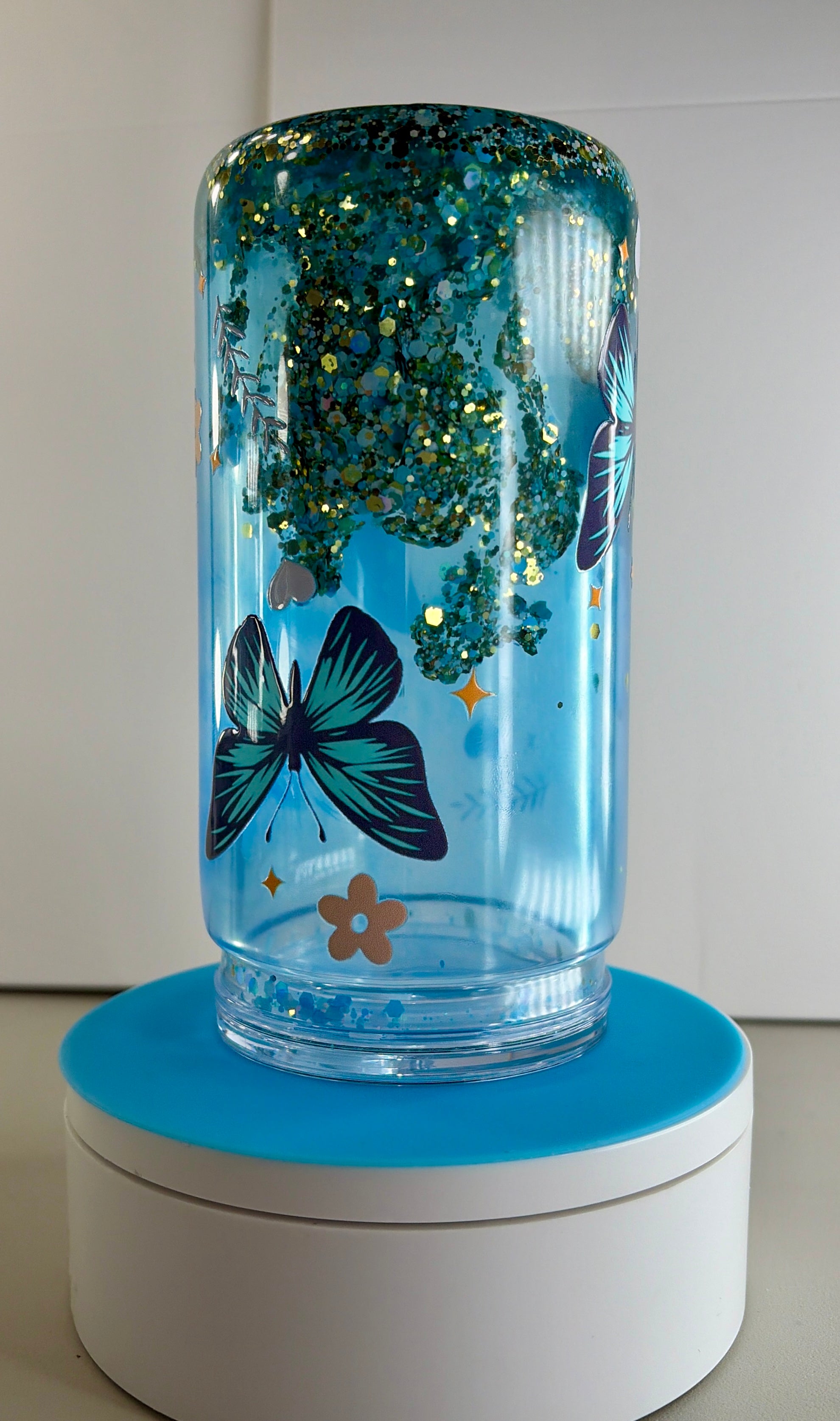 Butterfly Blue Waterfall Snowglobe Tumbler Cup 16oz