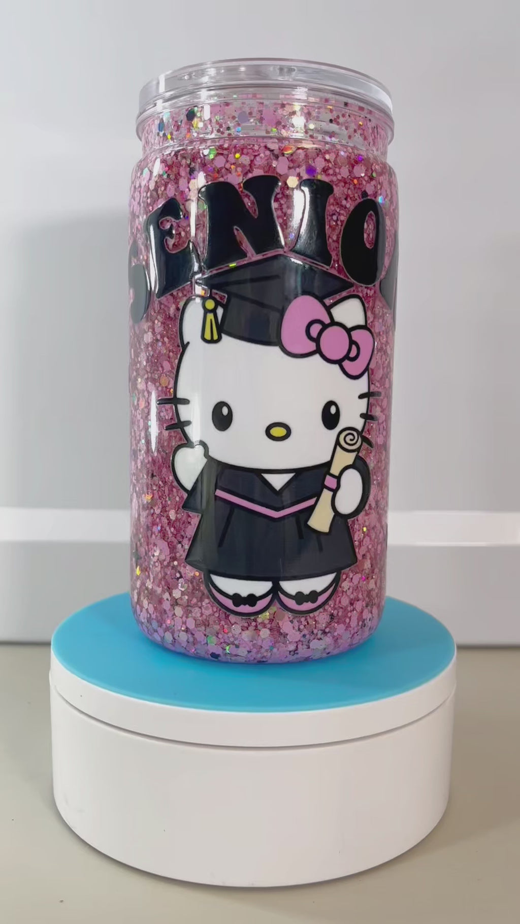 Hello Kitty Senior Graduate Glitter Snowglobe Tumbler Cup (16oz)