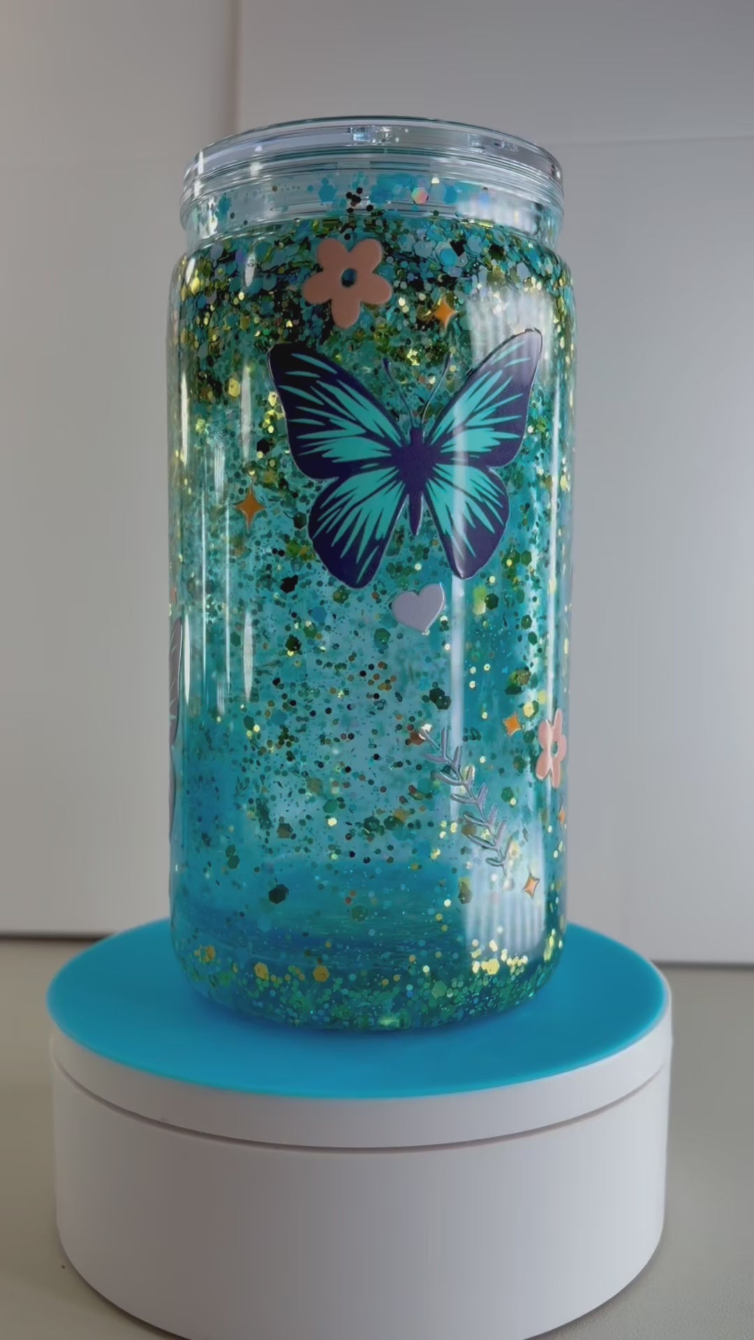 Butterfly Blue Waterfall Snowglobe Tumbler Cup 16oz